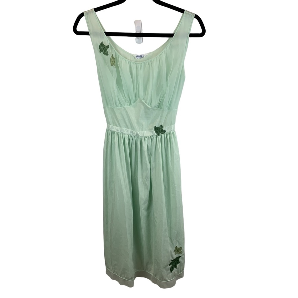 Vintage Charmode Nightgown Negligee Light Green Embroidered Leaves Sash Pleated